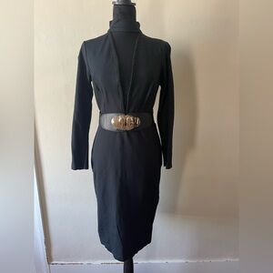 Venus Black turtleneck w/sheer V front, embroider trim, w/removable belt, size M